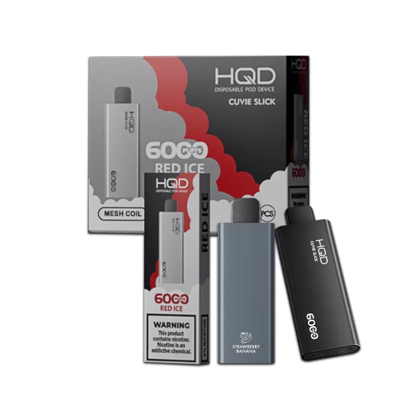 Two HQD cuvie slick 6000 puffs disposable vape device in gray and black color with box packaging