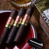 3 cigars in the ashtray with cigar box and glass of alcohol