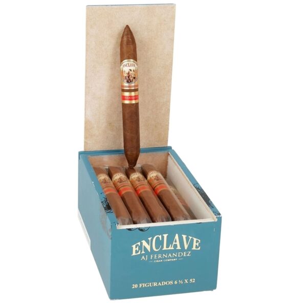 20 figurados Enclave Open cigar box with pack of cigars in it