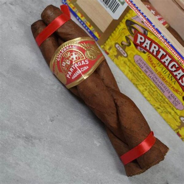 Image of 1 twist 3 partagas cigar with box in the background.