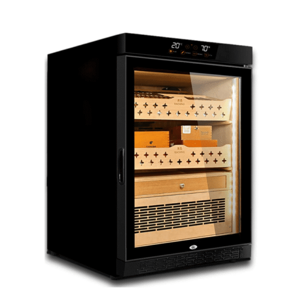 Raching MON800A electronic humidor cabinet in black, with Spanish cedar shelves and LED lighting