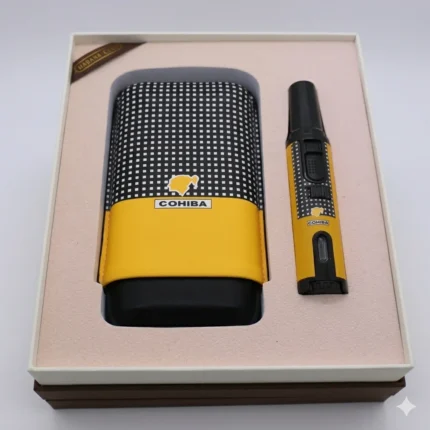 Cohiba Leather Cigar Case Set for 3 Cigars with T79 Torch Lighter
