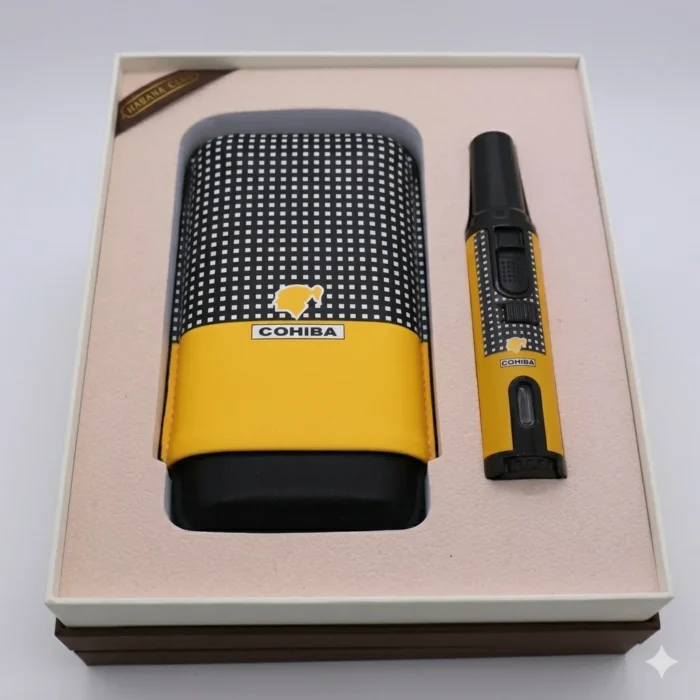 Cohiba Leather Cigar Case Set for 3 Cigars with T79 Torch Lighter