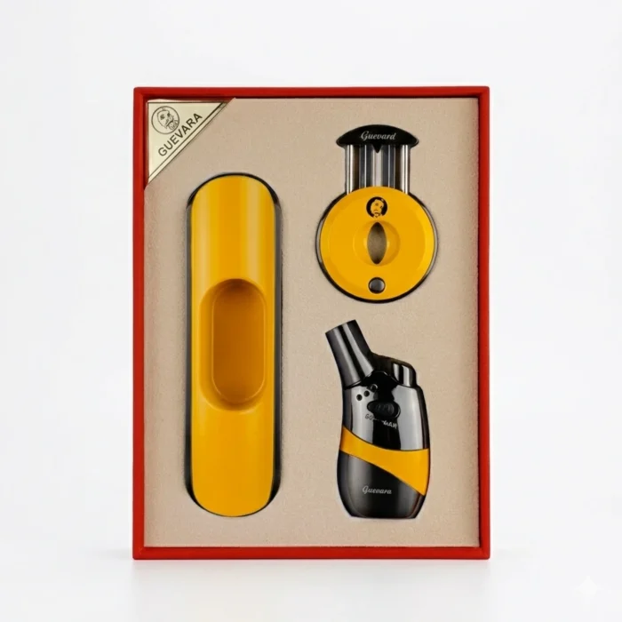 Guevara Yellow Leather Display Humidor Set with Lighter, Cutter & Ashtray